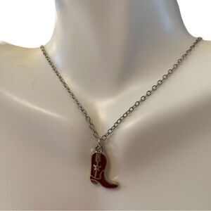 Red & Silver Cowboy Boot Mini Pendant on Silver tone Chain.